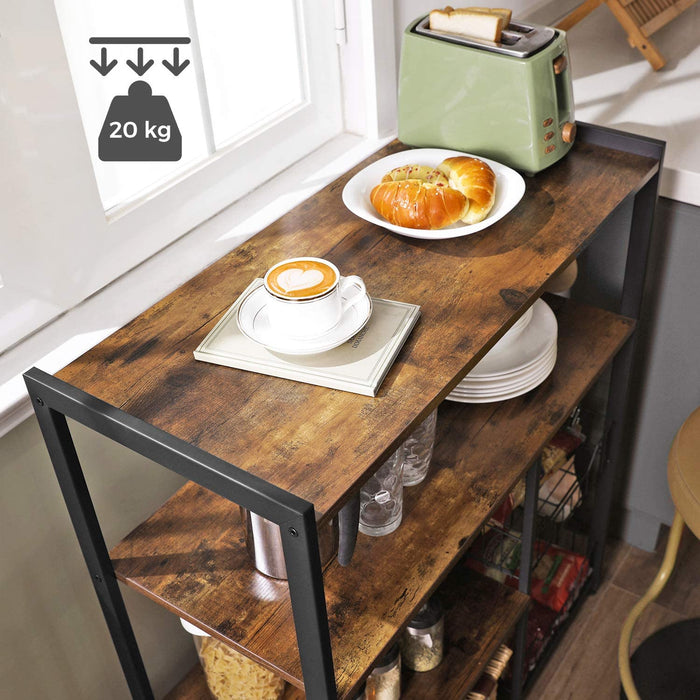 Standregal mit 2 Metallkörben, Küchenregal, Bäckerregal mit Haken und Regalablagen, Mikrowellenregal, 80 x 35 x 95 cm, Industrie-Design, Vintage