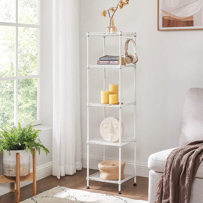 Badezimmerregal, Standregal, Metallregal, bis 100 kg belastbar, mit 5 PP-Platten, abnehmbare Haken, 30 x 30 x 123,5 cm, erweiterbar, für kleine Räume