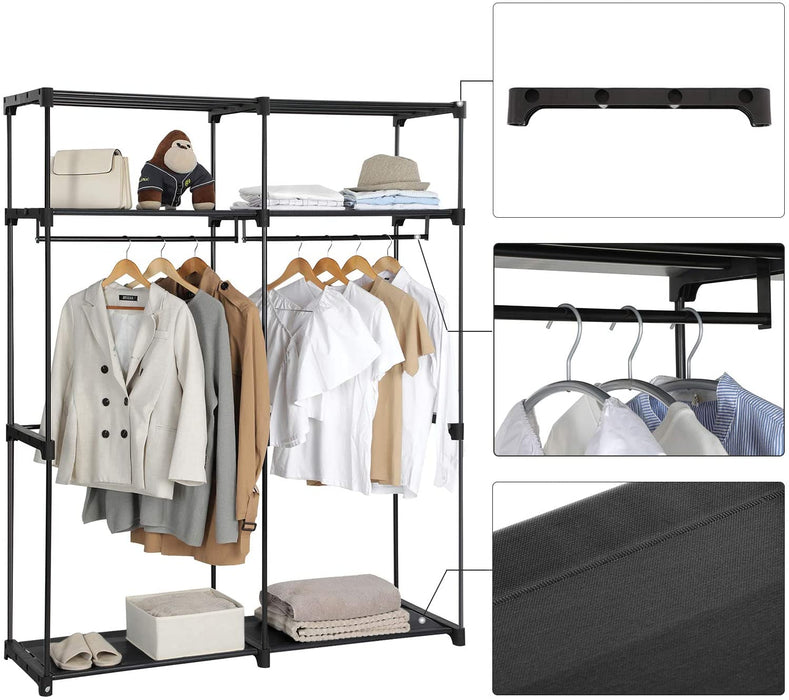 Kleiderschrank, Stoffschrank, Garderobe mit 2 Kleiderstangen, Aufbewahrung von Kleidung, Kleiderständer, faltbar, Ankleidezimmer, Schlafzimmer schwarz