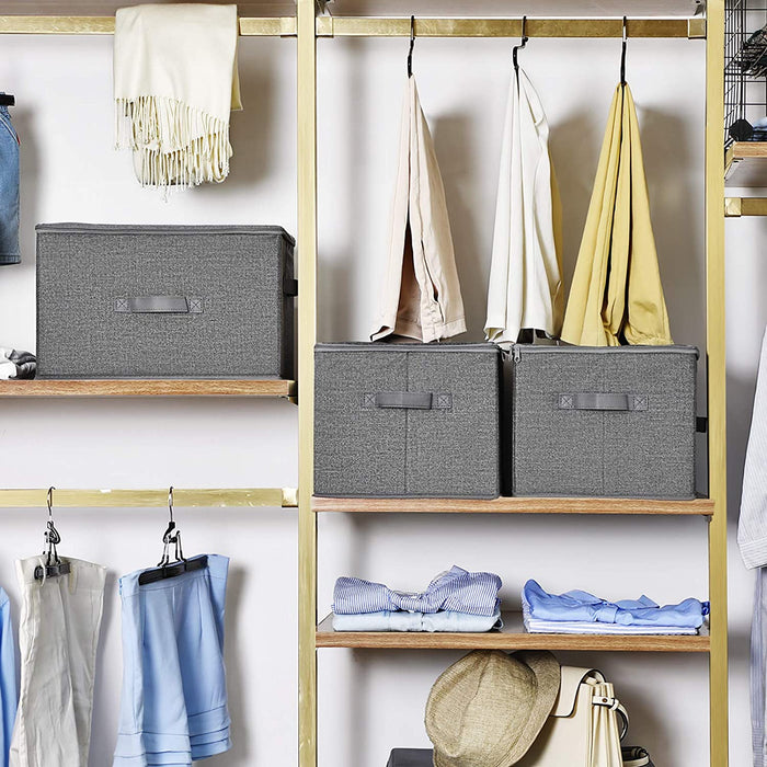 Aufbewahrungsbox mit Deckel, 3er Set, faltbare Stoffbox mit Griffen, Aufbewahrung für Kleidung und Spiegelzeug, grau