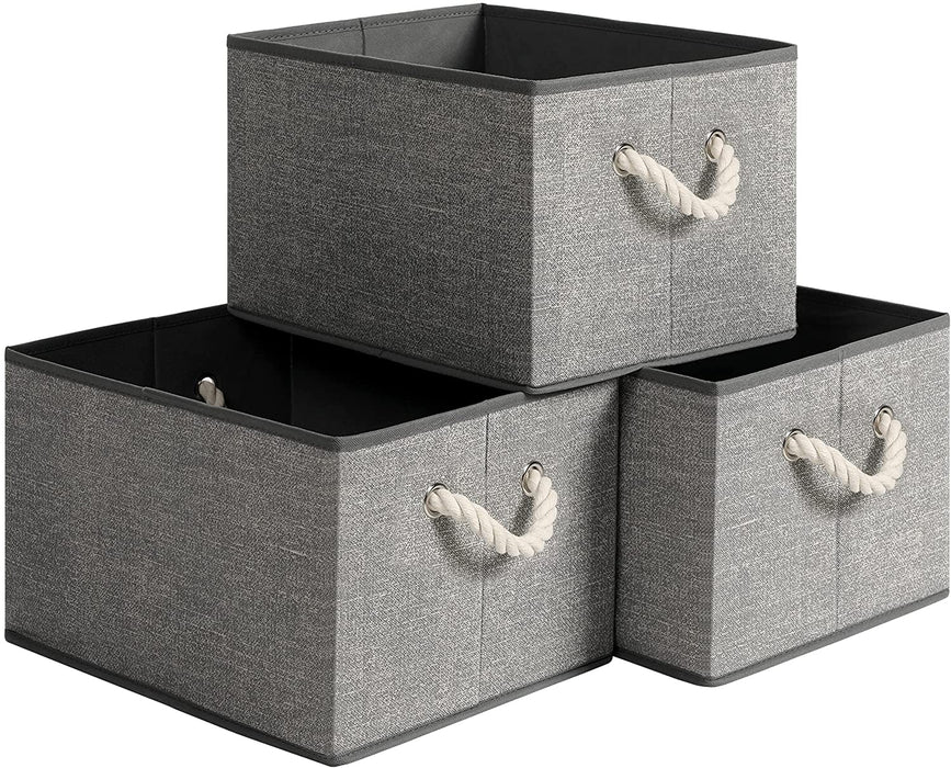 Aufbewahrungsboxen, 3er Set, Stoffboxen ohne Deckel, mit Griffen, 40 x 30 x 25 cm, Leinenoptik, grau