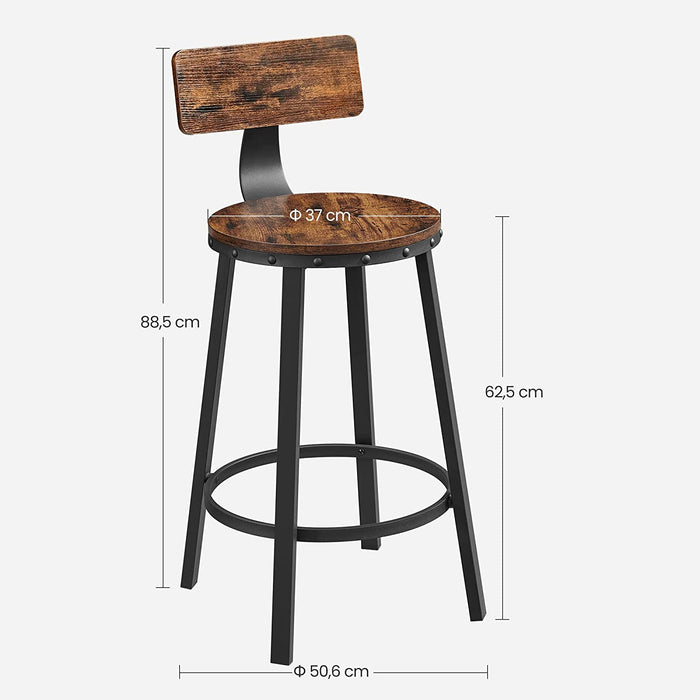 Barhocker, 2er Set, Barstühle, Küchenstühle mit Metallgestell, Sitzhöhe 62,5 cm, einfache Montage, Industrie-Design, vintagebraun-schwarz