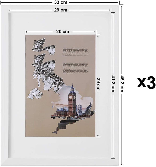 Bilderrahmen 3er-Set, für DIN A3 (29,7 x 42 cm) ohne Passepartout, für A4 (21 x 29,7 cm) mit Passepartout, Fotorahmen, Glasscheibe, Rahmenbreite 2 cm