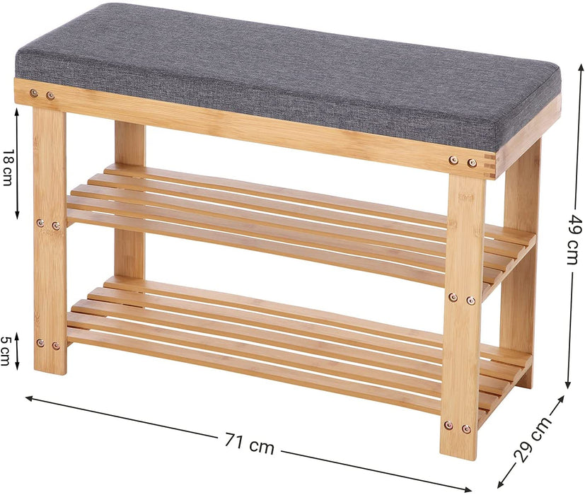Schuhbank aus Bambus, Schuhregal mit 2 Regalebenen, Sitzbank, für Flur, Wohnzimmer, Sitzfläche bis 150 kg belastbar, 71 x 29 x 49 cm, naturfarben-grau