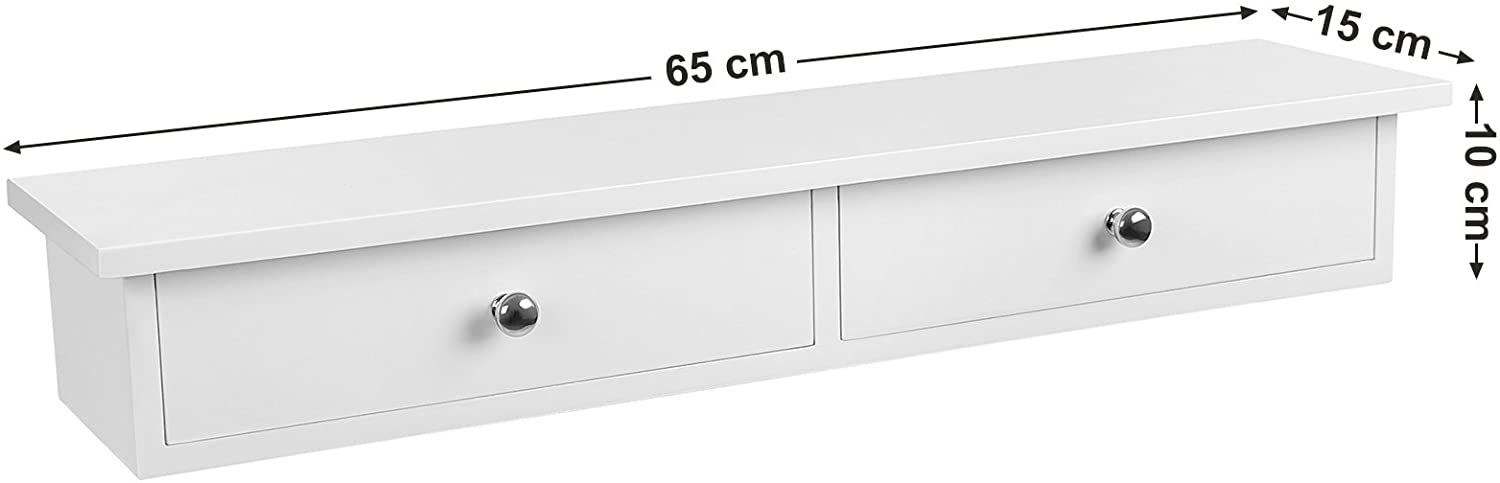 Wandregal, Schweberegal mit 2 Schubladen, Hochglanzoberfläche, bis 15 kg belastbar, 65 x 15 x 10 cm, Flur, Wohnzimmer und Küche, weiß