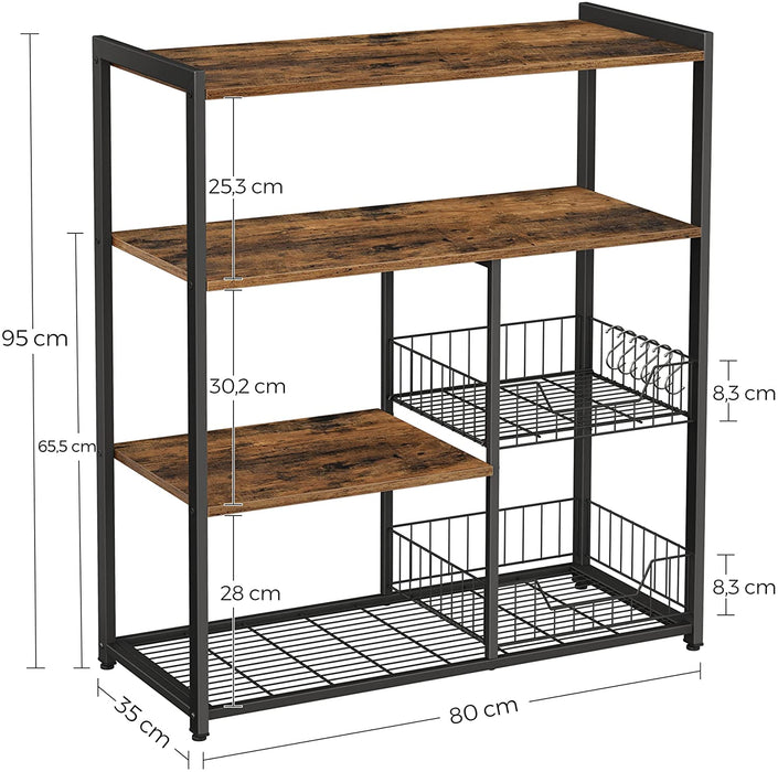Standregal mit 2 Metallkörben, Küchenregal, Bäckerregal mit Haken und Regalablagen, Mikrowellenregal, 80 x 35 x 95 cm, Industrie-Design, Vintage