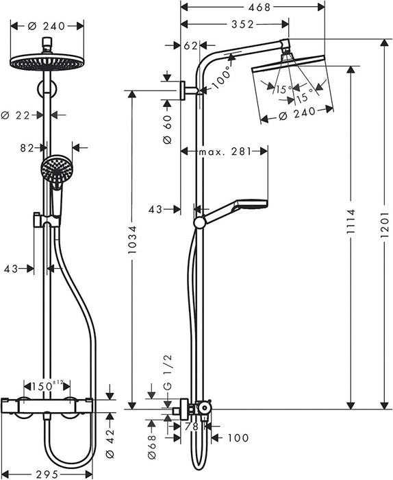 hansgrohe Duschsystem Crometta, Duschset mit Thermostat, Duschkopf, Duschschlauch, Brausestange, Regendusche mit 1 Strahlart, Chrom