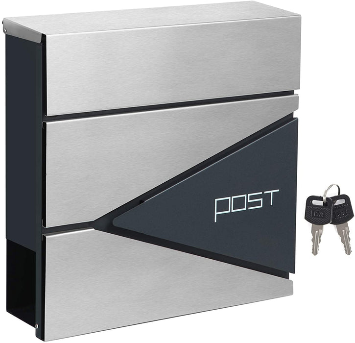 Briefkasten, abschließbarer Wandbriefkasten, mit Zeitungsfach, einfache Montage, modern, anthrazit-silbern