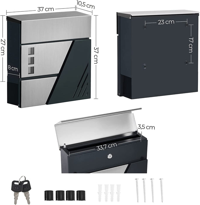 Briefkasten, Wandbriefkasten mit Sichtfenster, aus Edelstahl, für Haustür, mit Schloss und Schlüsseln, silbern-anthrazit
