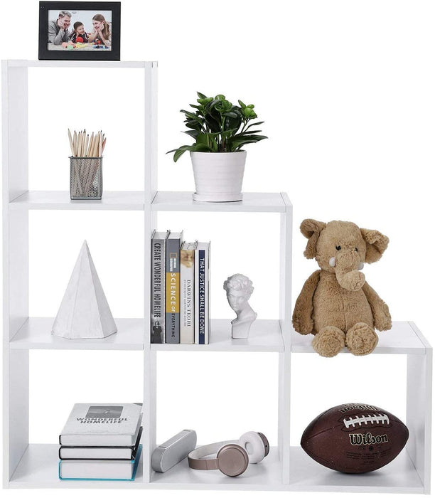 Bücherregal, Treppenregal mit 6 Fächern, 6-Würfel, Ausstellungsregal aus Holz, freistehendes Regal, Raumteiler, 97,5 x 97,5 x 29 cm, weiß