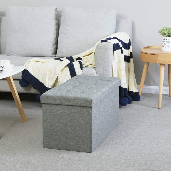 Sitzbank mit Stauraum, Sitztruhe mit Klappdeckel, Aufbewahrungsbox, faltbar, max. statische Belastbarkeit 300 kg, 80 L, 76 x 38 x 38 cm, Leinenimitat, hellgrau