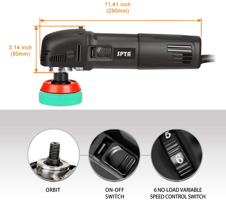 Mini Poliermaschine, SPTA 780W Polierer mit 6 Variable Geschwindigkeit, Seitengriff, 25/50/80mm Polierteller/Polierschwamm/Wollscheibe/Schleifpapier