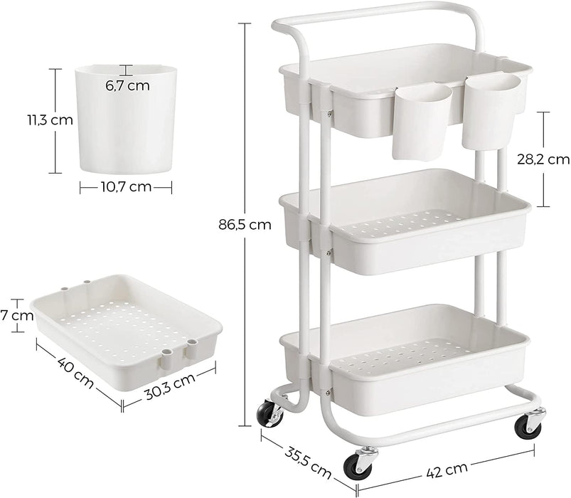 Rollwagen, 3 Ebenen, Servierwagen, Küchenwagen mit Griff, 2 kleine Einhängefächer, 2 Bremsen, Ablagefächer aus Kunststoff, einfacher Aufbau
