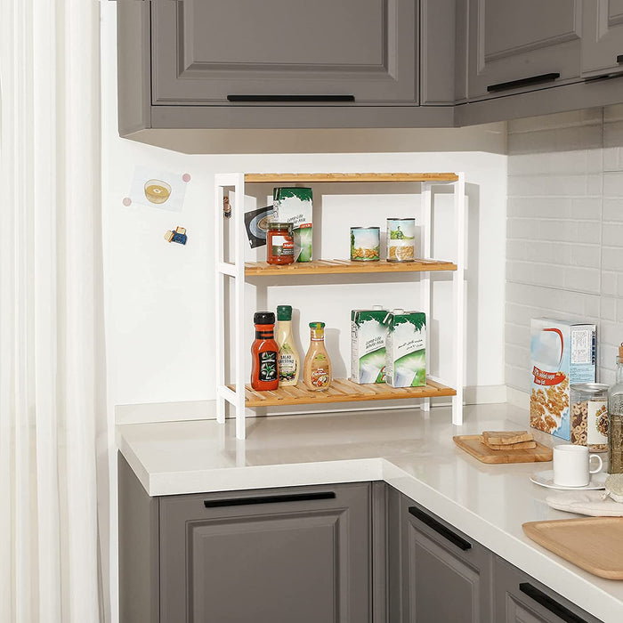 Badezimmerregal, Badregal, Küchenregal, Schuhregal, Bambus Standregal, 60 x 26 x 66 cm ideal für Bad, Wohnzimmer, Flur, Küche, naturfarben-weiß