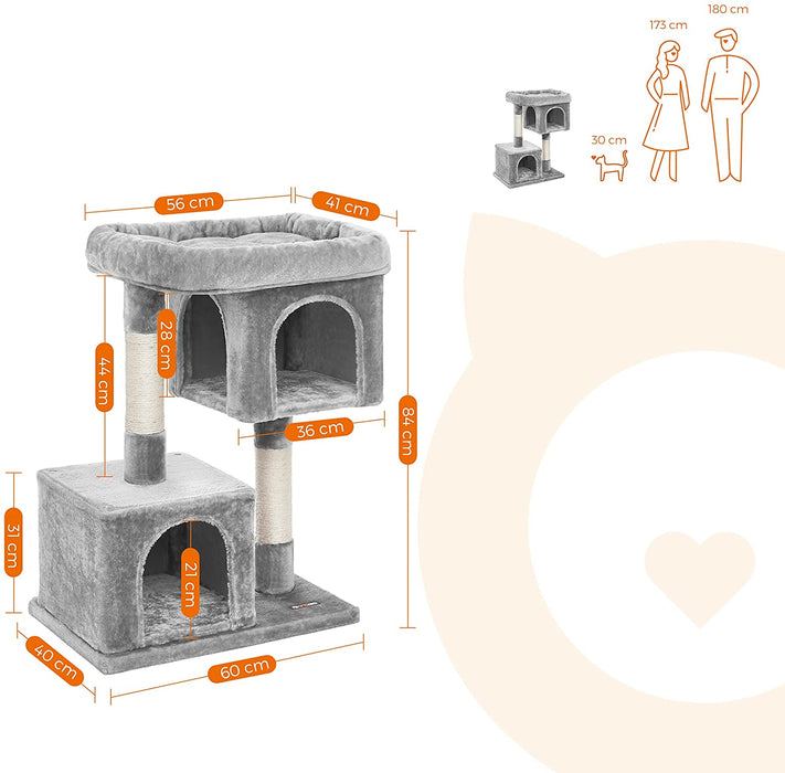 Kratzbaum mit Großer Plattform und 2 Plüschhöhlen Spielhaus, Kletterbaum für Katzen HellGrau