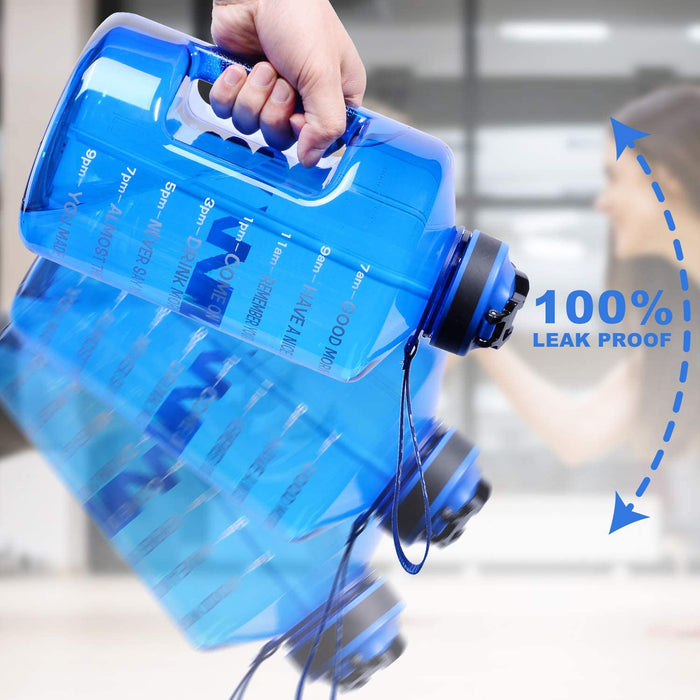 3,78 Liter Trinkflasche Sport mit Zeitangaben und Strohhalme, 3,78L Groß Sportflasche BPA Frei, Auto Wasserbehälter Auslaufsicher Sportflasche (Blue 3,78L)