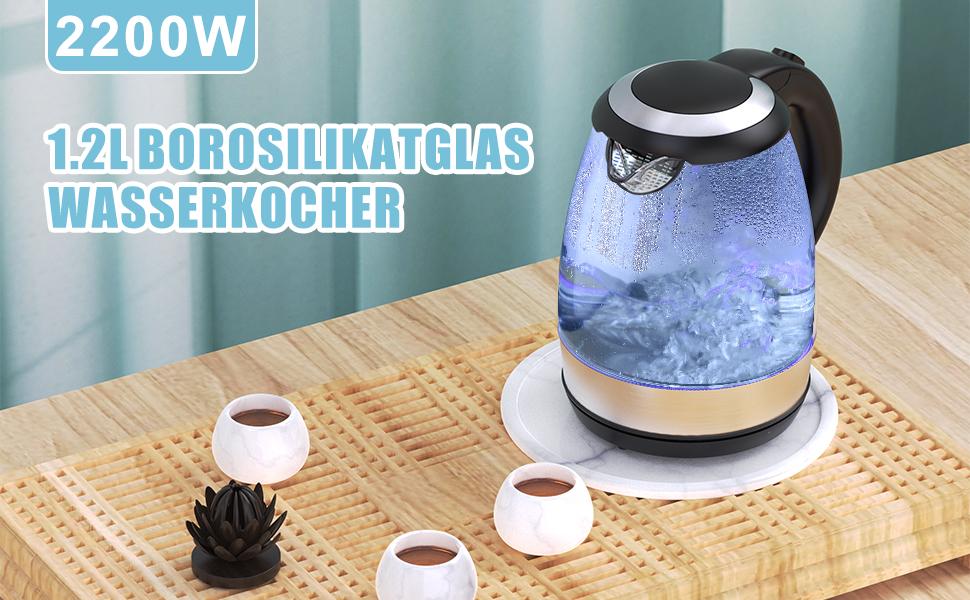 Elektrischer Wasserkocher, 1,2 l, 2.200 W, schnelles Aufwärmen, LED-Licht, elektrische Teekanne, BPA-frei, automatische Abschaltung und Schutz