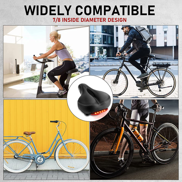 Fahrradsattel, IPSXP Weicher Fahrrad Sattel mit Rücklicht, Breit Leder MTB Sattel mit Stoßfestem Feder- und Stanzschaumsystem, Wasserdicht Fahrradsitz