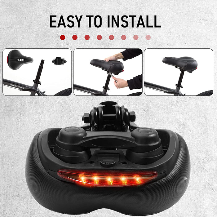 Fahrradsattel, IPSXP Weicher Fahrrad Sattel mit Rücklicht, Breit Leder MTB Sattel mit Stoßfestem Feder- und Stanzschaumsystem, Wasserdicht Fahrradsitz