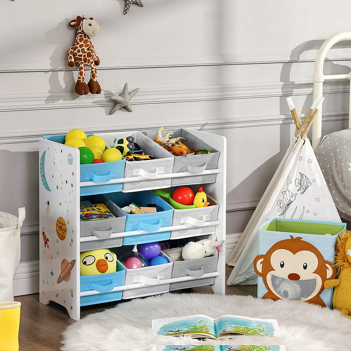 Kinderzimmerregal, Spielzeug-Organizer, Bücherregal für Kinder, mit 9 Aufbewahrungsboxen aus Fleece, Kinderzimmer, Schule, Kindergarten