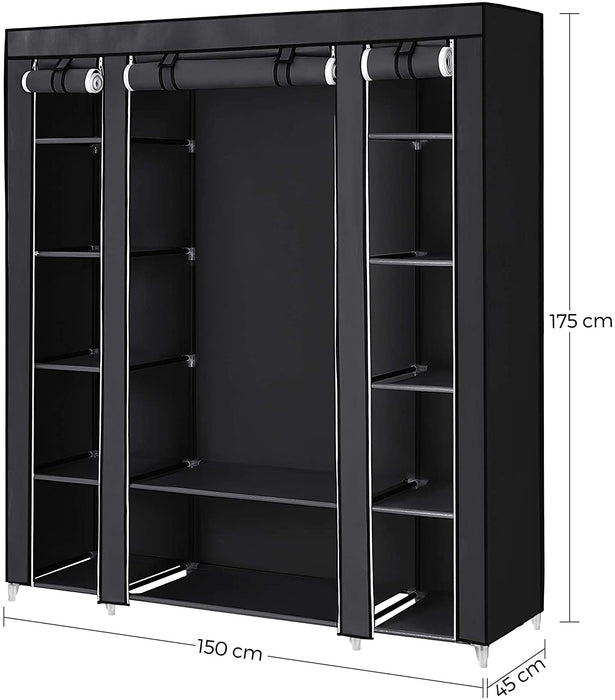 Kleiderschrank, Stoffschrank, mit Kleiderstange und Ablagen, Soffüberzug, für Schlafzimmer, Ankleidezimmer, 150 x 45 x 175 cm, schwarz