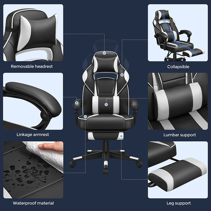 Gamingstuhl, Schreibtischstuhl mit Fußstütze, Bürostuhl mit Kopfstütze und Lendenkissen, höhenverstellbar, ergonomisch, 90-135° Neigungswinkel