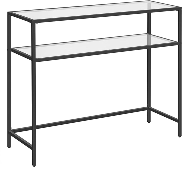 Konsolentisch, Beistelltisch mit 2 Ablagen, Hartglas, Aufbewahrungsregal, Metallgestell, verstellbare Füße, für Wohnzimmer, Flur, schwarz