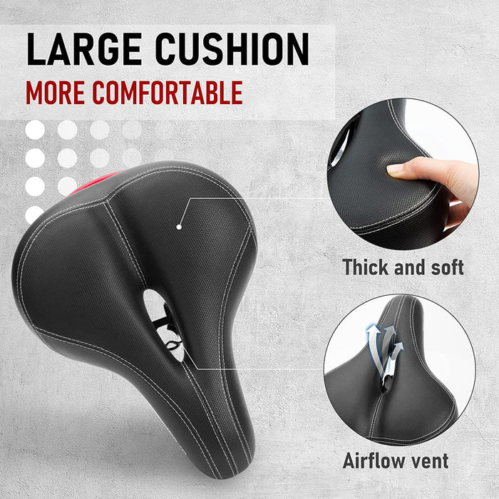 Fahrradsattel, IPSXP Weicher Fahrrad Sattel mit Rücklicht, Breit Leder MTB Sattel mit Stoßfestem Feder- und Stanzschaumsystem, Wasserdicht Fahrradsitz