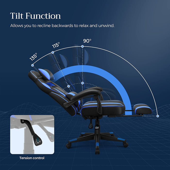 Gamingstuhl, Schreibtischstuhl mit Fußstütze, Bürostuhl mit Kopfstütze und Lendenkissen, höhenverstellbar, ergonomisch, 90-135° Neigungswinkel