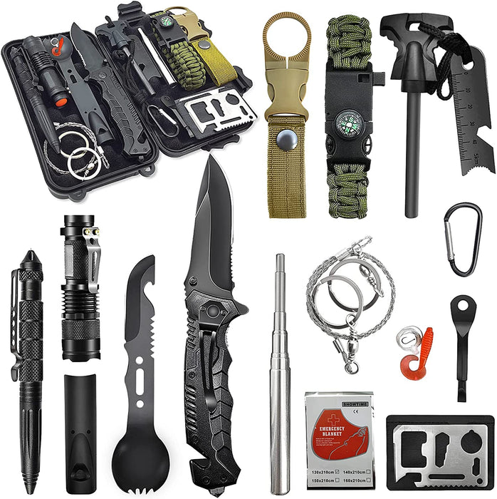 Survival Kit 13 in 1, Professionelles Notfall Survival Kit mit Klappmesser, Taschenlampe, Survival Ausrüstung für Outdoor Camping, Abenteuer, Wandern, Jagen, Angeln, Männer, Väter
