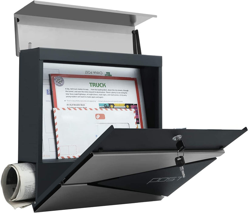 Briefkasten, abschließbarer Wandbriefkasten, mit Zeitungsfach, einfache Montage, modern, anthrazit-silbern