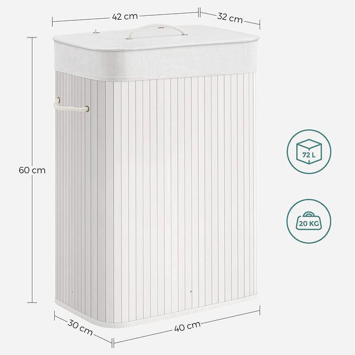 Wäschekorb aus Bambus, faltbarer Wäschesammler mit Deckel und herausnehmbarem Wäschesack aus Baumwolle, 72 L Wäschebox, Wäschetruhe, 40 x 30 x 60 cm