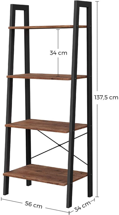 Standregal, Bücherregal, 4 Ebenen Leiterregal, stabiles Metallgestell, einfache Montage, für Wohnzimmer, Schlafzimmer, Küche, haselnussbraun-schwarz