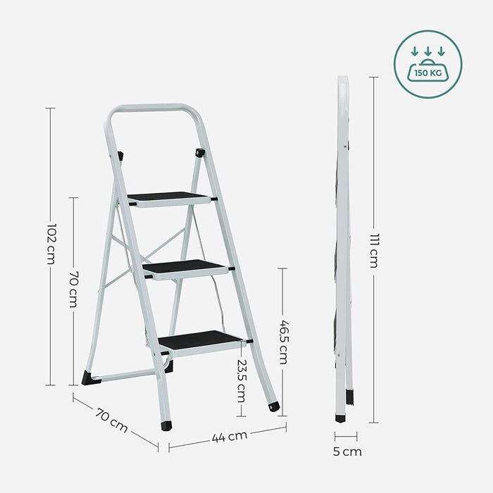 Klapptritt mit 3 Stufen, Trittleiter, Leiter, 20 cm breite Stufen, rutschfeste Gummimatten, mit Handlauf, bis 150 kg belastbar, weiß-schwarz
