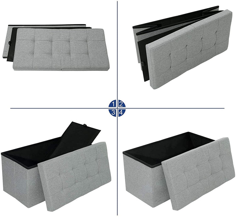 Sitzbank mit Stauraum, Sitztruhe mit Klappdeckel, Aufbewahrungsbox, faltbar, max. statische Belastbarkeit 300 kg, 80 L, 76 x 38 x 38 cm, Leinenimitat, hellgrau