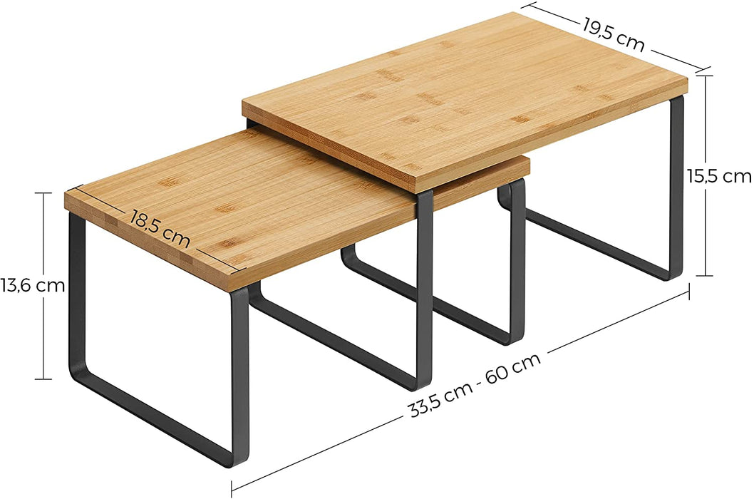 Gewürzregal, 2er Set, Küchenregal, Küchen-Organizer, erweiterbar, Gewürzhalter, stapelbar, aus Metall und Bambus, schwarz-naturfarben