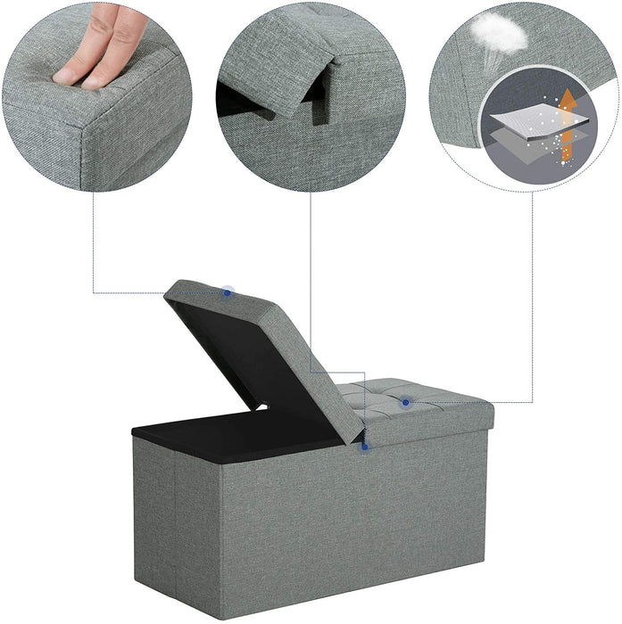 Sitzbank mit Stauraum, Sitztruhe mit Klappdeckel, Aufbewahrungsbox, faltbar, max. statische Belastbarkeit 300 kg, 80 L, 76 x 38 x 38 cm, Leinenimitat, hellgrau