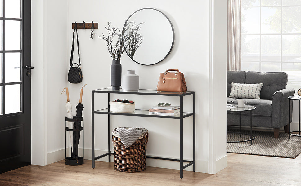 Konsolentisch, Beistelltisch mit 2 Ablagen, Hartglas, Aufbewahrungsregal, Metallgestell, verstellbare Füße, für Wohnzimmer, Flur, schwarz