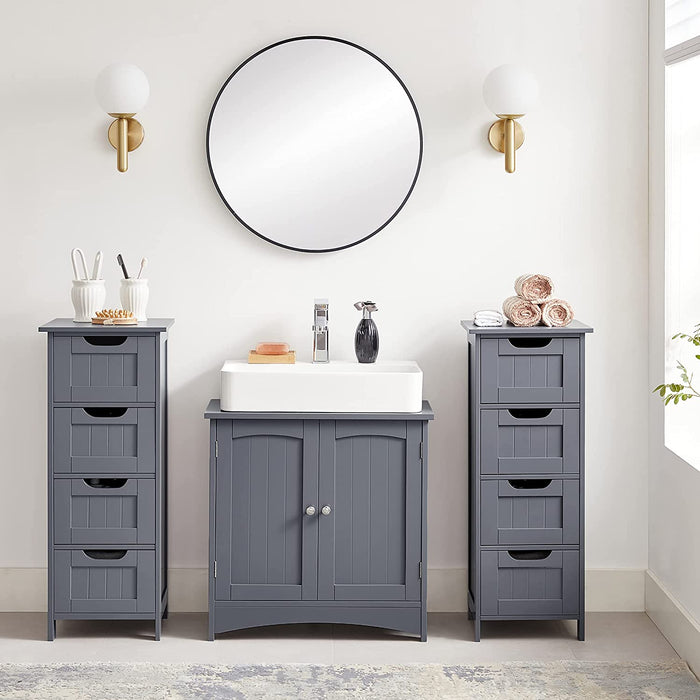 Badezimmerschrank, schmaler Badschrank aus Holz mit 4 Schubladen, 30 x 30 x 82 cm, Wohnzimmer, Schlafzimmer, Flur, tief, freistehend, Grau