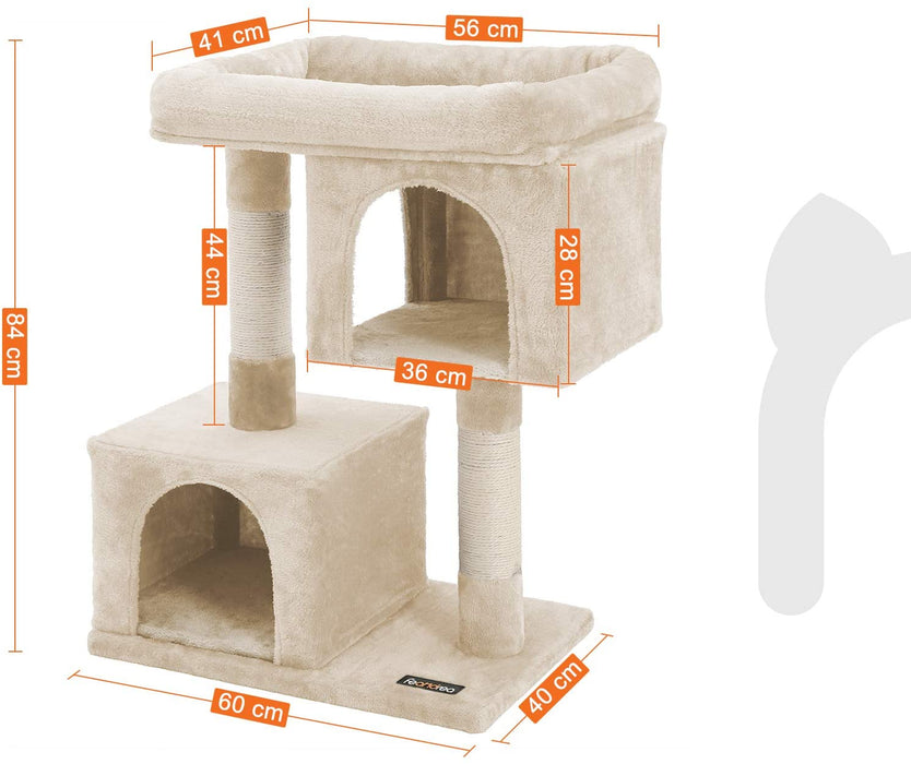 Kratzbaum mit Großer Plattform und 2 Plüschhöhlen Spielhaus, Kletterbaum für Katzen Beige