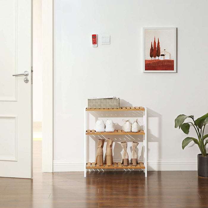 Badezimmerregal, Badregal, Küchenregal, Schuhregal, Bambus Standregal, 60 x 26 x 66 cm ideal für Bad, Wohnzimmer, Flur, Küche, naturfarben-weiß