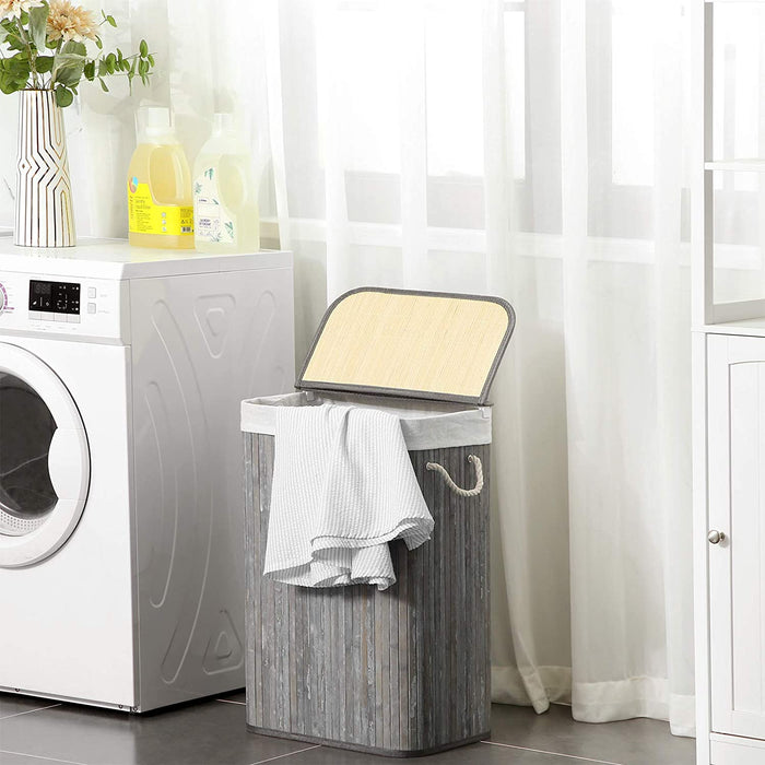 Wäschekorb 72 L, Wäschesammler aus Bambus, Wäschetruhe mit Griffen, Deckel mit Clips, faltbar, Wäschesack herausnehmbar, Vintage, grau