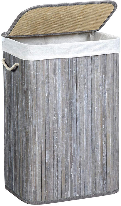 Wäschekorb 72 L, Wäschesammler aus Bambus, Wäschetruhe mit Griffen, Deckel mit Clips, faltbar, Wäschesack herausnehmbar, Vintage, grau