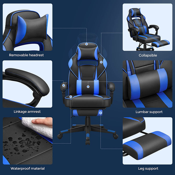 Gamingstuhl, Schreibtischstuhl mit Fußstütze, Bürostuhl mit Kopfstütze und Lendenkissen, höhenverstellbar, ergonomisch, 90-135° Neigungswinkel
