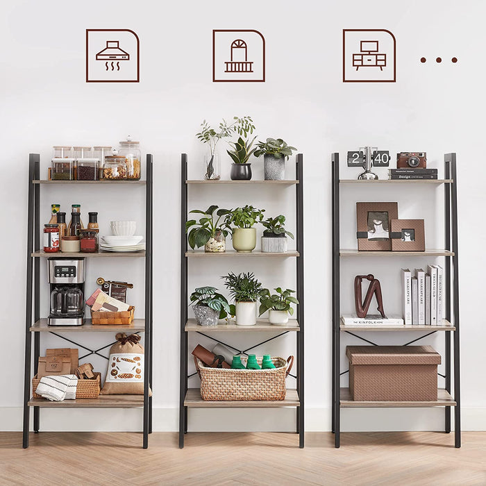 Standregal, Bücherregal, 4 Ebenen Leiterregal, Metallgestell, einfache Montage, für Wohnzimmer, Schlafzimmer, Küche, greige-schwarz