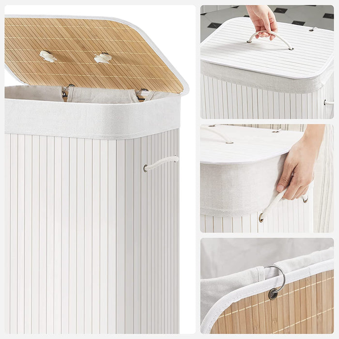 Wäschekorb aus Bambus, faltbarer Wäschesammler mit Deckel und herausnehmbarem Wäschesack aus Baumwolle, 72 L Wäschebox, Wäschetruhe, 40 x 30 x 60 cm