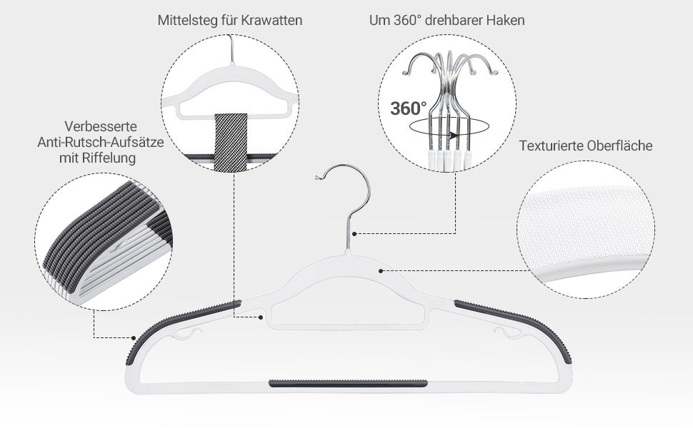 Kleiderbügel 30 Stück, Jackenbügel aus Kunststoff, gut belastbar, Anti-Rutsch-Design, platzsparend, 0,6 cm Dicke, um 360° drehbarer Haken, 42 cm