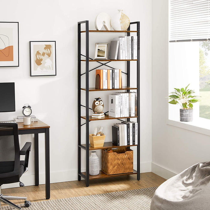 Bücherregal mit 6 Ebenen, Aufbewahrungsregal, Stahlgestell, für Wohnzimmer, Arbeitszimmer, Büro und Flur, 66 x 30 x 186 cm, vintagebraun-schwarz