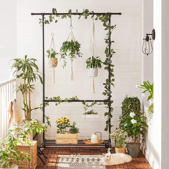 Kleiderständer im Industriedesign, bis 110 kg belastbar, Garderobenständer auf Rollen, 2 Kleiderstangen, aus Metall, gut belastbar, Präsentation