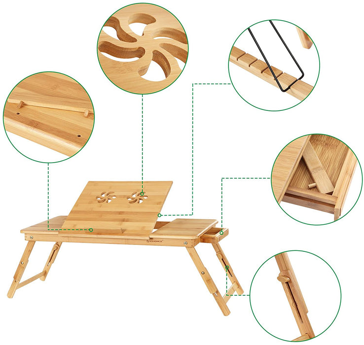 Laptoptisch, klappbarer und höhenverstellbarer Notebooktisch, mit Lüftungslöchern, für Links- und Rechtshänder, Betttisch aus Bambus mit Schublade